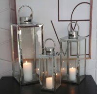 Lanternes à bougies réutilisables en acier inoxydable de haute qualité, pour événements intérieurs et extérieurs, fêtes, lanternes en verre métallique argenté pour mariage