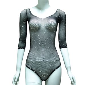 Rhinestone Sheer Mesh Long Sleeves Bodysuit <strong>Nylon</strong> Sexy <strong>Bodystocking</strong> for Women - Product Image 5