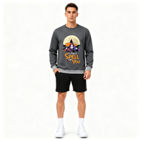 Sweat-shirt à col rond pour homme en polyester avec impression intégrale sur le thème des sorts de sorcière, personnalisable ODM par sublimation, pour Halloween