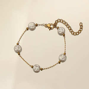 ミニマリストスタイル淡水ラウンドフラットパールネックレスブレスレットセットステンレススチールピュアパールセットクラシックパールジュエリー - Product Image 3