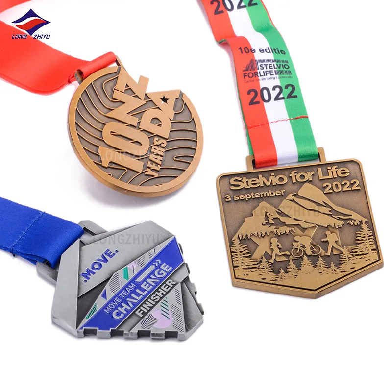 Longzhiyu diverses médailles de compétition sportive, fabricant de haute qualité personnalisé 3d laiton gaufré antique marathon médailles de course