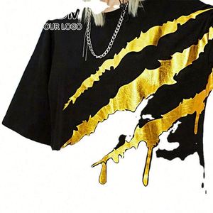 Fashion Luxury Bronzed Solid Men's T-Shirt with Custom Silk Screen Printed Gold Logo & Gilding Anti-Wrinkle Breathable Fabric - Product Image 1