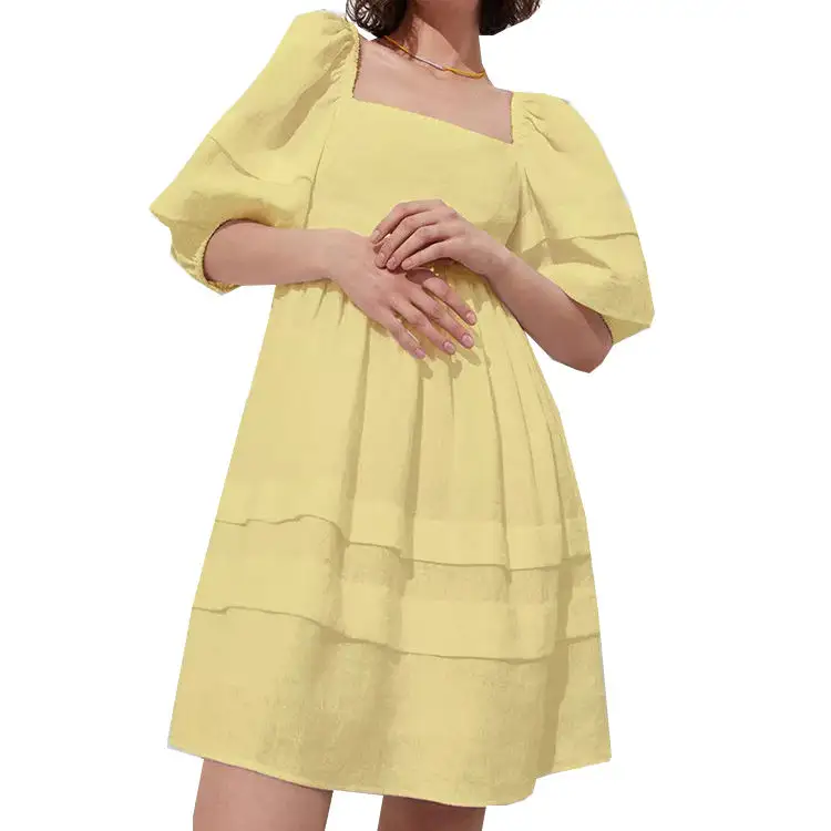 Sexy Square Collar Short Sleeve Back Lace Up Pleated Dress Puff Sleeve Cotton Linen Blend Knee Length Ruffle Dresses