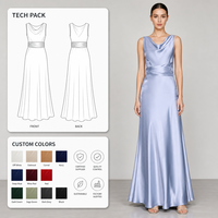 Robe de soirée en satin pour femme, col drapé, sans manches, taille haute, froncée, coupe trapèze, longueur ras du sol, bleu périvert, vente en gros