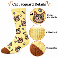 Chaussettes mi-mollet unisexes en jacquard motif chat et poisson, motif animalier complet, en coton doux, pour adultes, personnalisables