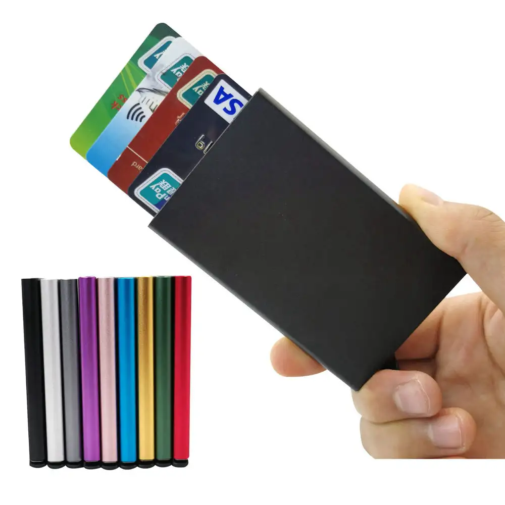 Cadeaux d'affaires avec logo laser personnalisé, porte-cartes pop-up, portefeuille, aluminium, métal, blocage RFID, porte-cartes de crédit pour hommes