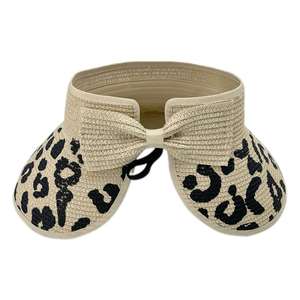 Custom Visor Leopard Print Wide Brim Straw Summer Topless Bow Roll up Foldable Sun <b>Hat</b> Promotion Gift - Product Image 2