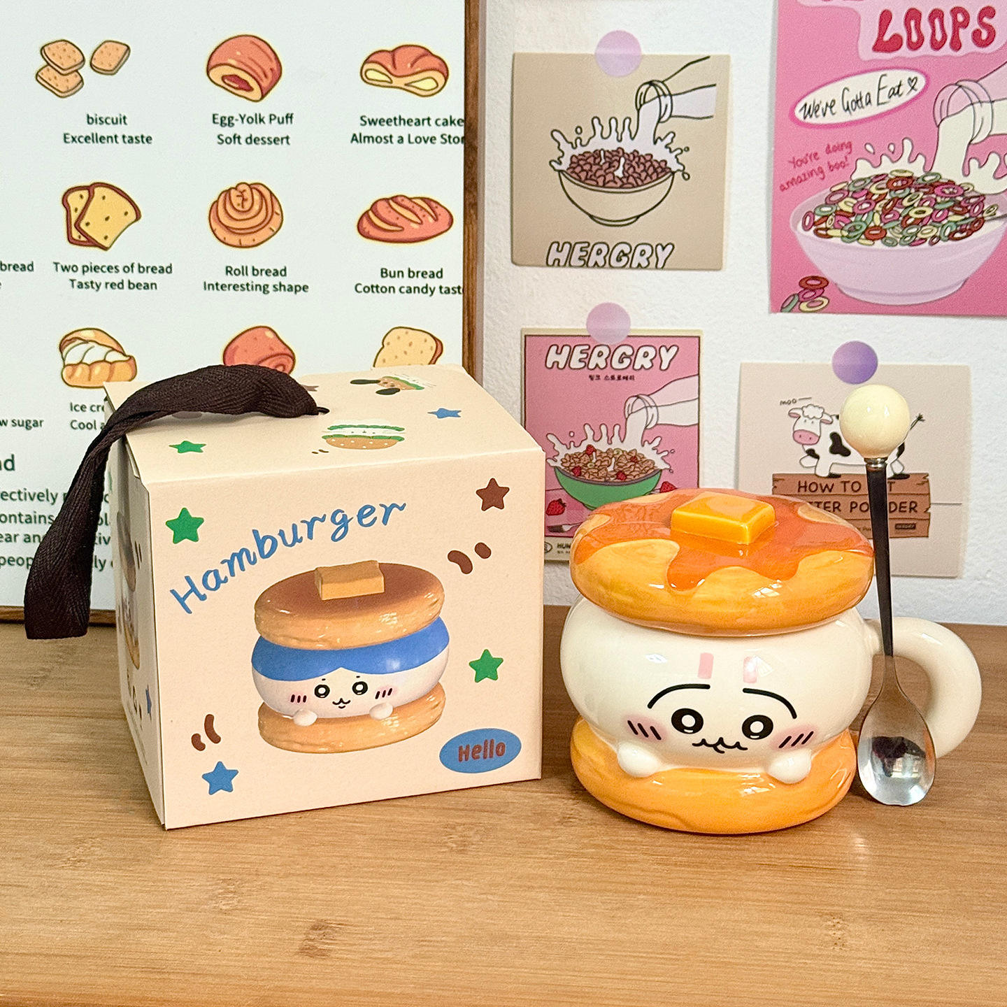 [Handheld colorful box with round spoon] Hamburger Cup - Sachi Rabbit