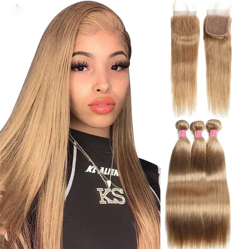 Honey Blonde Bundles With Closure 27# Brazilian Hair 3 Bundles With Closure Straight Remy Human Hair Weave Bundles