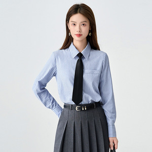 Blue Striped Shirt Women Long Sleeve Slim Fit Work Office Formal Poplin Polyester Fabric Simple Style - Product Image 1