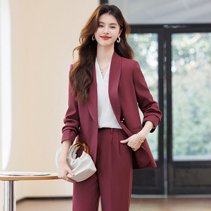 Women's Burgundy Suit <b>Set</b> Solid Color Anti-Wrinkle Casual <b>Office</b> Wear - Product Image 1