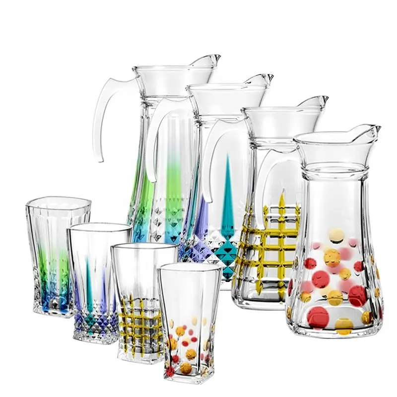 VENDA QUENTE NOVO design de impressão a cores beber copos de mistura gravado define bule 7pcs conjunto jarro de água de vidro com tampa