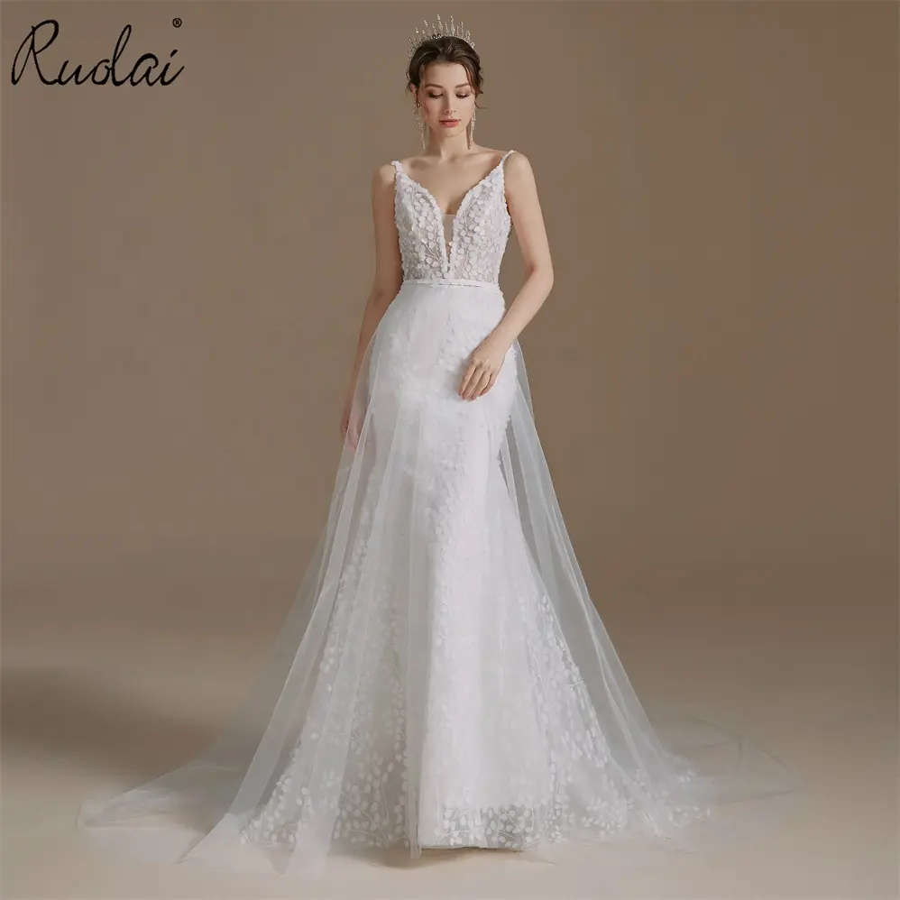 Ruolai QW01295 Gaun Pengantin Tanpa Lengan, Gaun Pengantin Applique Leher-v Rendah dengan Tulle Dapat Dilepas