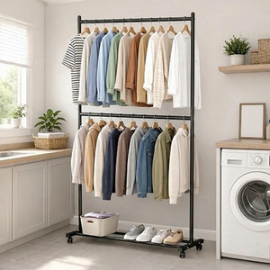 Perchero metálico de doble nivel con ruedas, armario minimalista con soporte de almacenamiento para ropa - Product Image 2