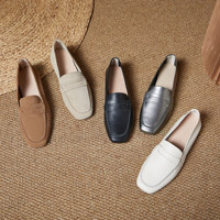 Nouveaux Mocassins Femme 2026 en Cuir Véritable à Bout Carré, Style Britannique, Plats, Faciles à Enfiler, Polyvalents, Semelle Simple en Caoutchouc Résistant à l'Usure