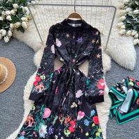 Robe midi décontractée pour femme WIWT à manches longues, col montant, imprimé floral, coupe trapèze avec ceinture, pour le quotidien
