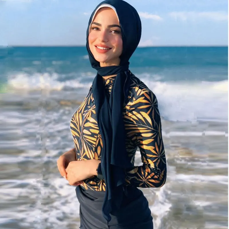Maillot de bain musulman manches longues pour femme, 3 pièces, petit Patchwork, Hijab, vêtements burkini islamiques, ensemble plage, grande taille