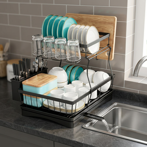 Escurridor de Platos de 2 Niveles con Bandeja de Drenaje, Portautensilios y Soporte para Tazas - Product Image 1