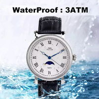 Fabricant OEM Montres pour hommes avec bracelet en cuir noir Mouvement automatique Verre saphir Acier inoxydable Phase de lune transparente