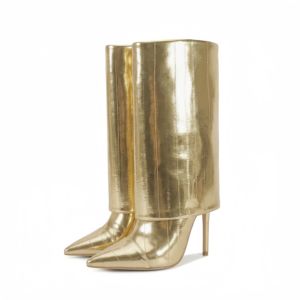 Bottines d'hiver à bout pointu et à <span class=keywords><strong>mollet</strong></span> <span class=keywords><strong>large</strong></span> pour femmes <span class=keywords><strong>Bottes</strong></span> de requin repliées en PU noir pour tenues élégantes - Product Image 4