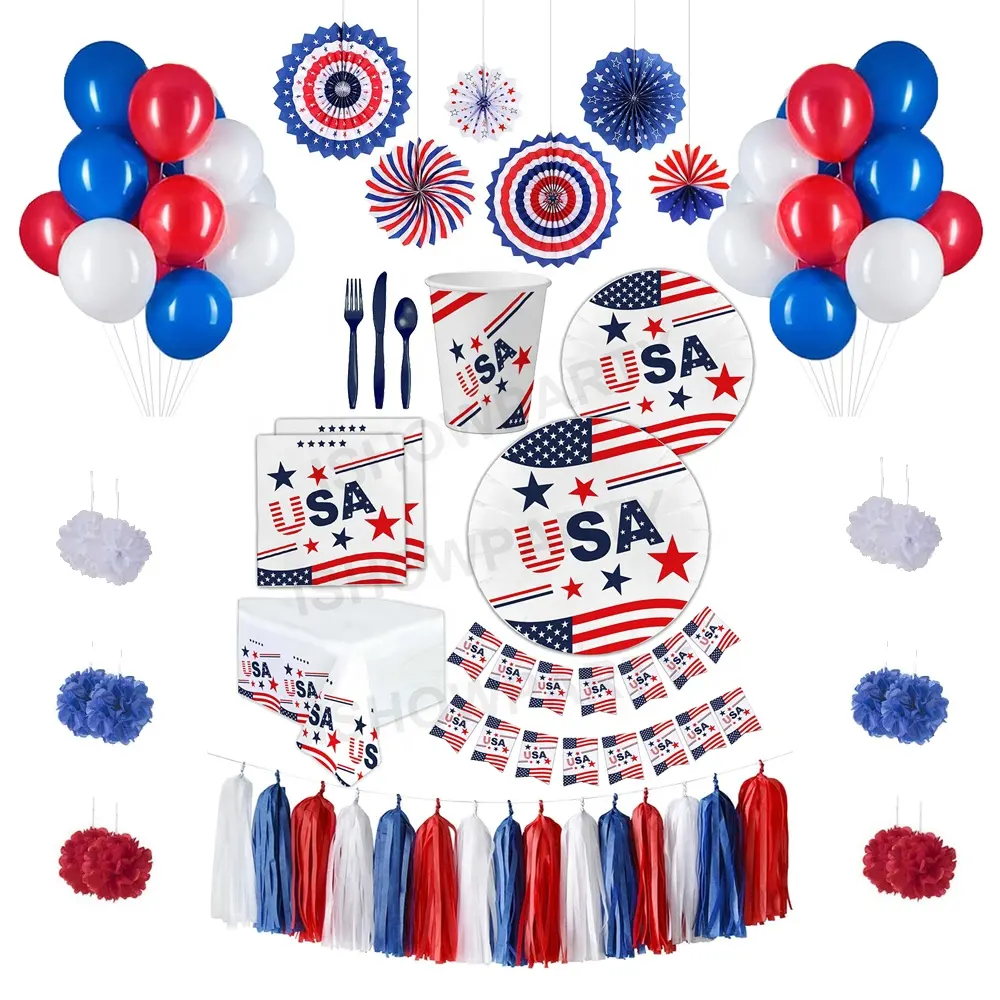 Disposable Tableware Set American Flag Paper Cups 4th of July Decorations American 4th July Party Supplies