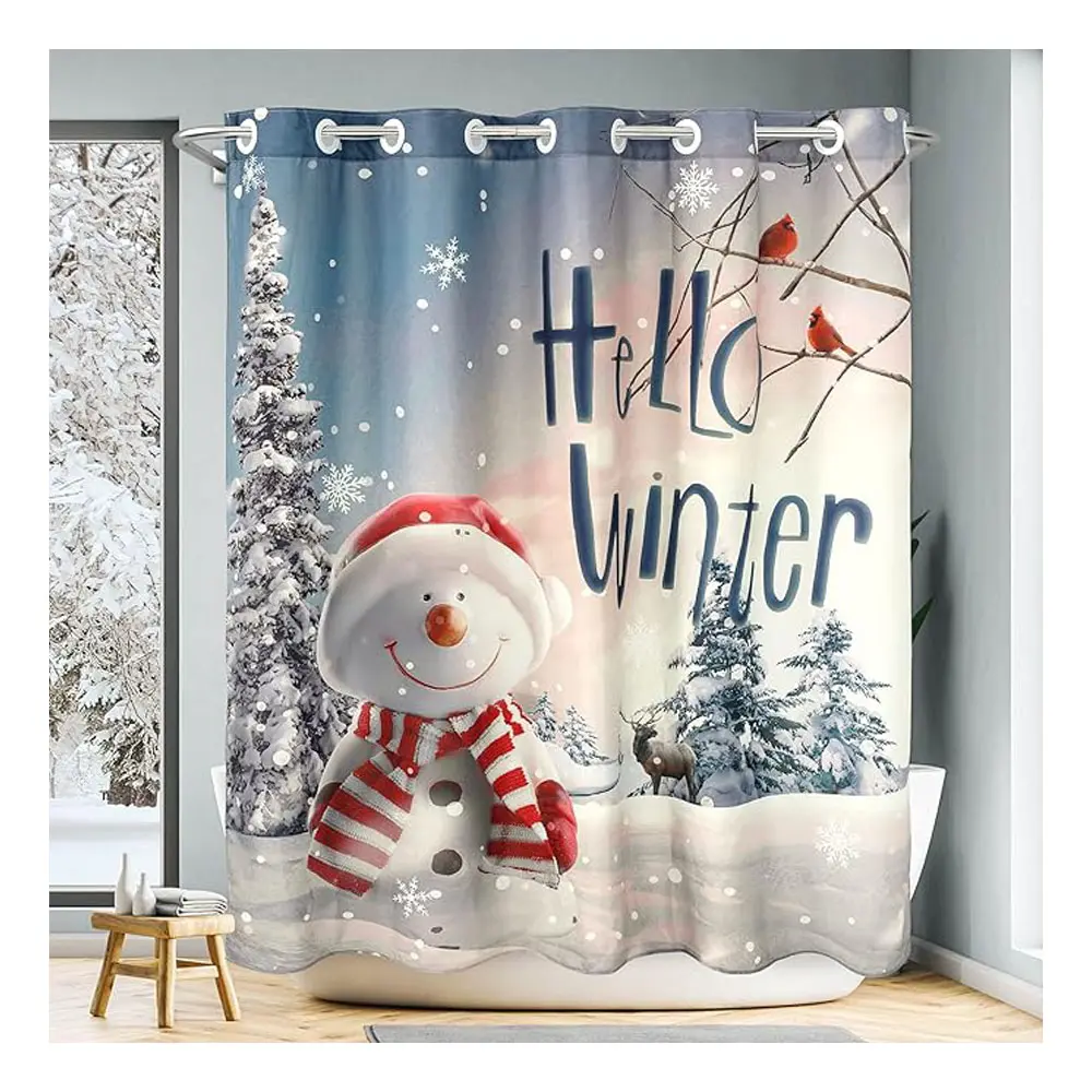 CF BCJ61 hiçbir kanca kış duş perdesi kardan adam duş perde kumaşı tatil kış sahne banyo makinesi için yıkanabilir