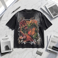 T-shirt Hip Hop Oversize en Coton Tricoté 100% de Haute Qualité avec Logo Personnalisé DTG Noir OEM, Imprimé Vintage Délavé à l'Acide Style High Street