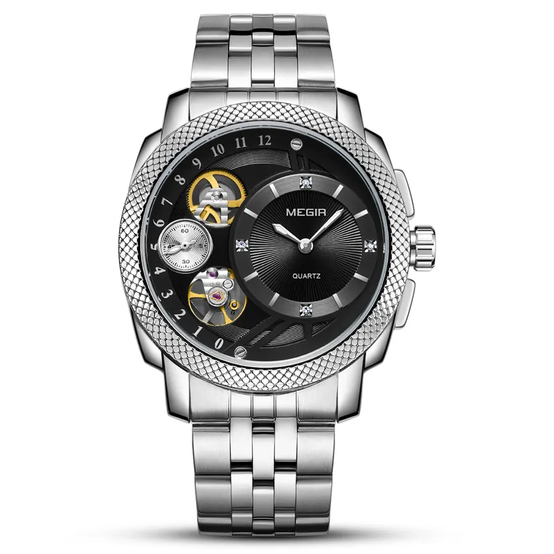 MEGIR 2091 top 10 brand silver gents watch potty Genuine Leather band Luminous Chronograph low moq Casual mechanical wrist watch