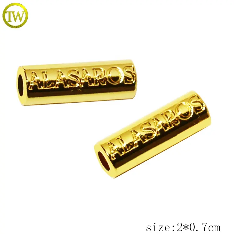 Hochwertige Badeanzug Hardware Gold Seil Stopper benutzer definierte gravierte Name Metall Kordel zug End kappe für Mantel