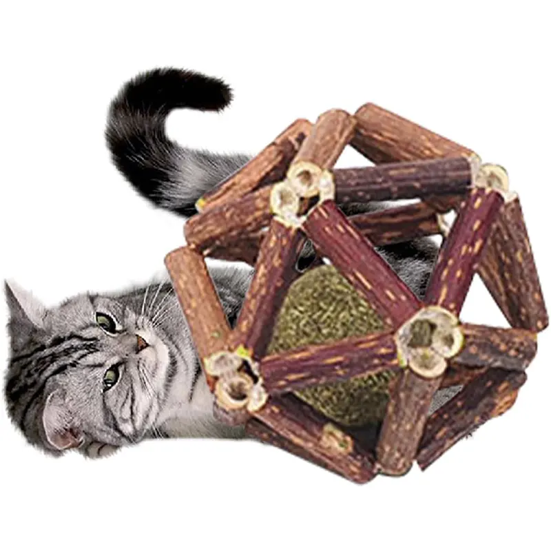 Bolas de gaiola de madeira e bolas de sino, bolas de brinquedo para mastigar catnip, bolas de sino de gato, bolas de rolamento