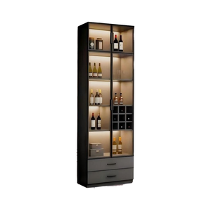 Armoire en métal de 44 pouces H Armoire de salon à <span class=keywords><strong>vin</strong></span> éclairée à 3 niveaux Étagères réglables Panneau arrière en miroir Portes en <span class=keywords><strong>verre</strong></span> trempé - Product Image 1