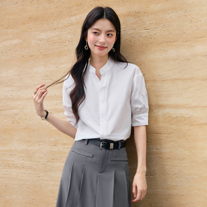 Women's Short Sleeve Shirt <b>Stand</b> Collar Solid Color Cotton <b>Work</b> Office Wear 2026 New OL Commute Interview Top - Product Image 2