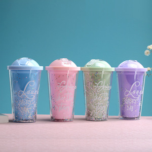 Double Walled Plastic Straw Cup With Sliding Lid Sequined Water Bottle For Students Back To School 2 Piece Set - Product Image 1