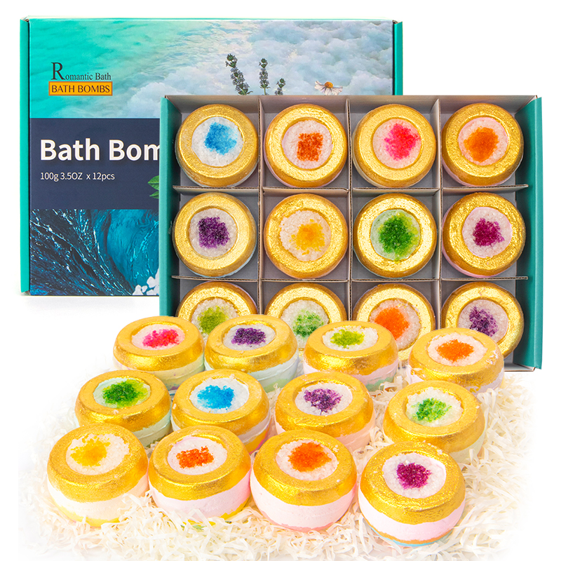 Marque privée Bombe de bain géode en cristal naturel Bombes de bain au sel d'Epsom doré Coffret cadeau