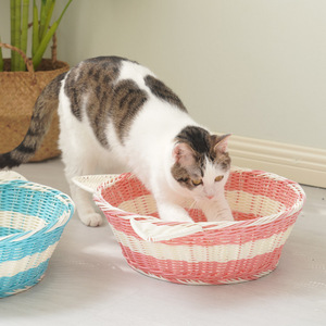 Cama de ratán tejida para gatos, nido para mascotas, semicerrada, transpirable, fresca, para todas las estaciones, lavable, cama de verano para perros - Product Image 3