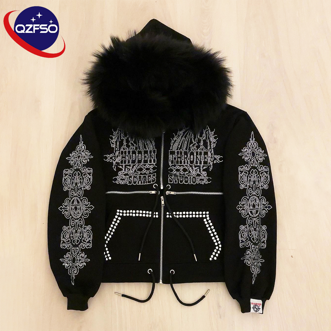QZFSO White Fox Embroidery Tag Custom Logo Full Zip up 400 Gsm