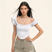 Haut court moulant Y2K pour femme, en coton et élasthanne respirant, à manches volantées unies, couleur unie, printemps-été