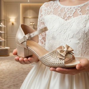 <strong>Girls</strong>'Luxury Satin Block Heel Sandals - Rhinestone Bowknot Ankle Strap Open Toe Bridal <strong>Bridesmaid</strong> Wedding Party <strong>Shoes</strong> - Product Image 6