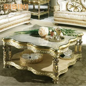 Antique Mediterranean Style Fine Wood Carved Square Coffee Table, Double Layer Designed Glass Top Ornate Coffee Table