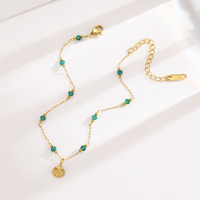 Nouvelle Chaîne de Cheville Rétro en Acier Inoxydable avec Zircon Vert et Coquillage, Plaqué Or 18K, Tendance Géométrique, Luxueux, Bijou de Fête Estival pour Femme