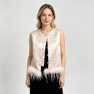 Top Corto sin Mangas para Mujer, Chaleco Bordado de Satén con Adorno de Plumas, Cuello Mandarín, Ropa de Verano - Product Image 1