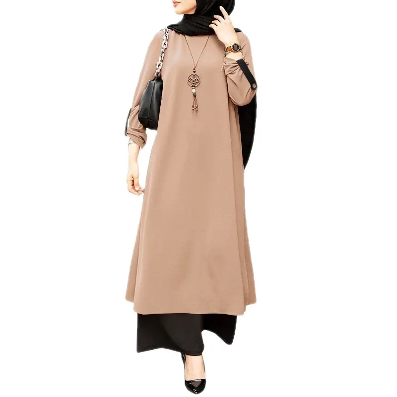 Moda Feminina Vestuário Islâmico Turquia Kaftans Cor Sólida Muçulmana Manga Longa Vestido Abaya