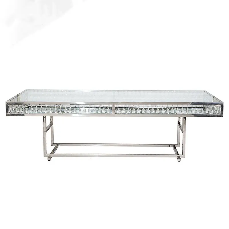 Gran oferta, muebles de Hotel, patas de acero inoxidable dorado, marco de cristal, mesa de boda superior de cristal transparente