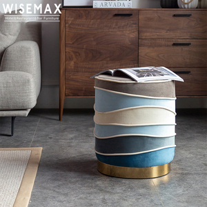WISEMAX FURNITURE Modern Living Room Round Ottoman Pouf Soft Navy Blue Velvet Fabric Corner <strong>Stool</strong> Chair Ottoman With S.s Base - Product Image 3