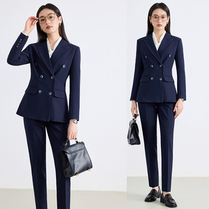Women's Suit Set Double Breasted Navy Blue Polyester Anti-Wrinkle Office Lady Spring Formal Business Wear Full Sleeve - Product Image 1