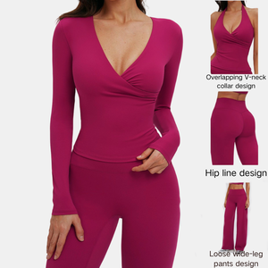 Ensemble 4 pièces pour femmes, haut sans manches à <span class=keywords><strong>col</strong></span> en <span class=keywords><strong>V</strong></span> superposé, haut à manches longues, leggings capri, pantalon large, yoga, entraînement, fitness - Product Image 3