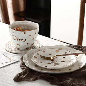 Soldes Exceptionnelles : <span class=keywords><strong>Vaisselle</strong></span> en Céramique Dorée à Pois <span class=keywords><strong>de</strong></span> Style Européen, Assiette <span class=keywords><strong>de</strong></span> Service Domestique, Bol à Soupe. - Product Image 3
