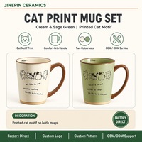 Tasse à café en céramique 11 oz avec logo personnalisé, motif chat de dessin animé, bord brun foncé, finition brillante, vente en gros pour cafés et hôtels