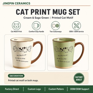 Tasse à <span class=keywords><strong>caf</strong></span>é en céramique 11 oz avec logo personnalisé, motif chat de dessin animé, bord brun foncé, finition brillante, vente en gros pour <span class=keywords><strong>caf</strong></span>és et hôtels - Product Image 1