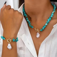 Collier en pierres naturelles concassées et perles de verre, pendentif perle baroque, chaîne de clavicule, bracelet, ensemble de bijoux de mode pour femmes